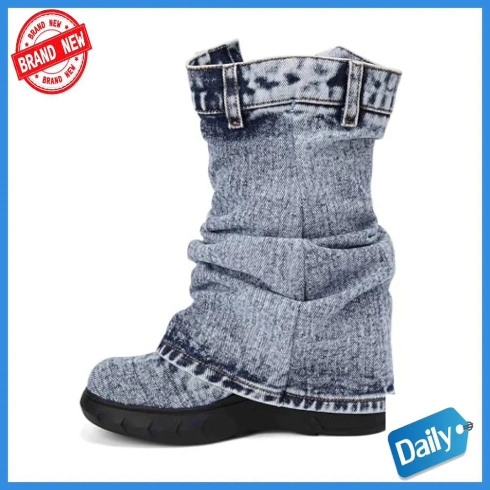 Denim Mid Calf Booties Platform Heel Fold Over Western Style Women's Shoes